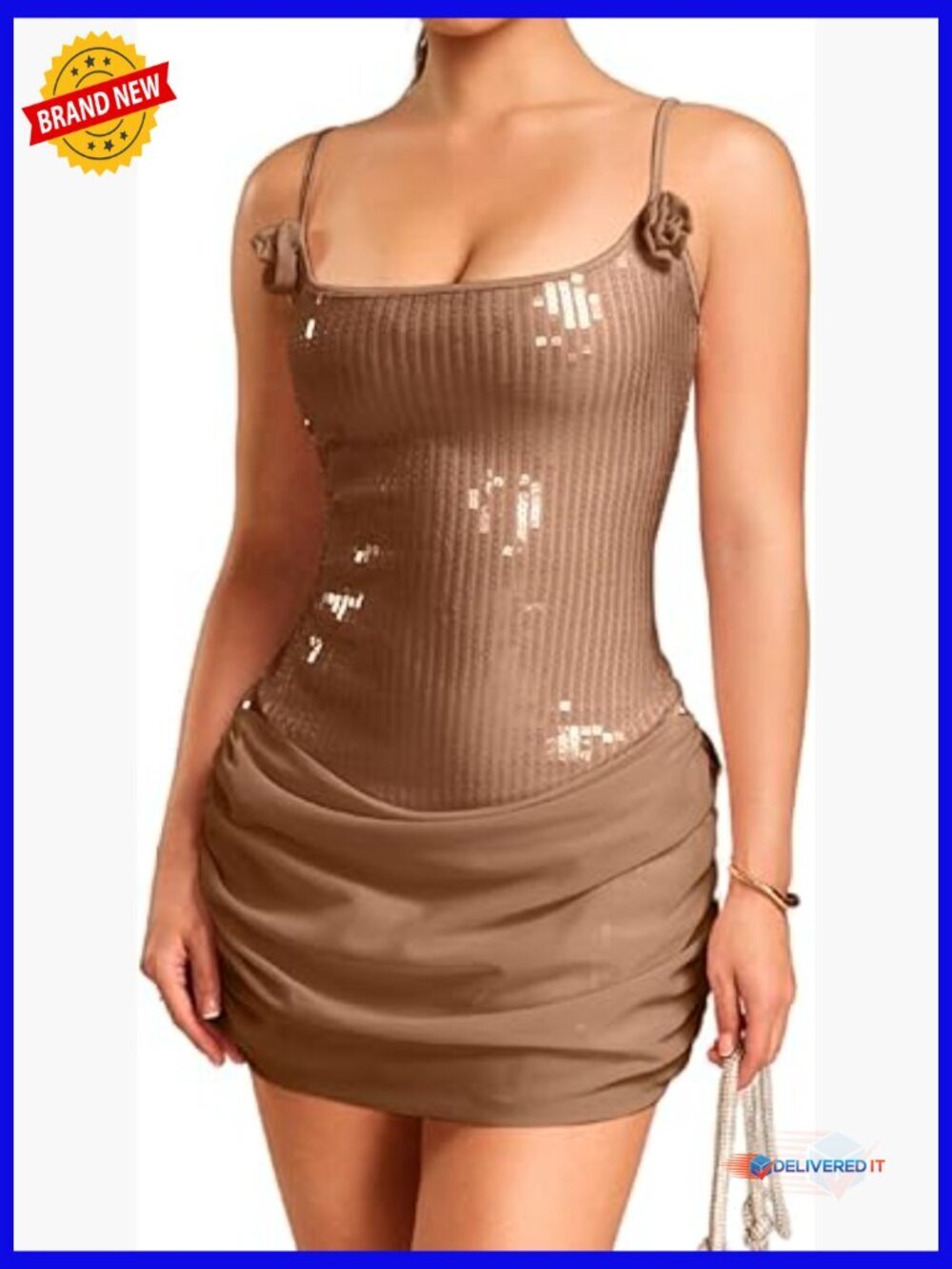 Sequin Mini Dress with 3D Floral, Spaghetti Strap Backless Bodycon
